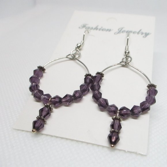 Stainless Steel Hoop Dangle Earrings with 4 mm Bicone Crystal Purple Bead - Picture 1 of 4